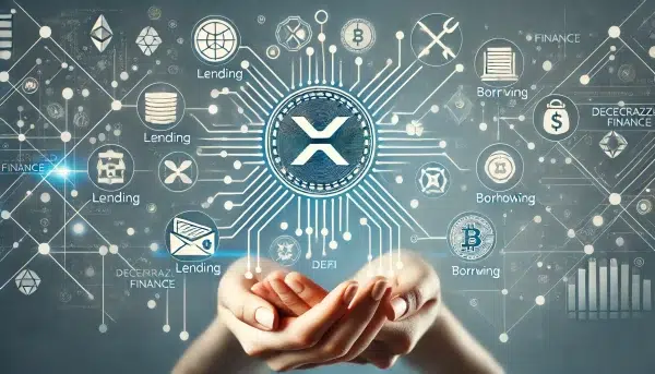 Illustration of decentralized finance (DeFi) with digital financial transactions and blockchain technology